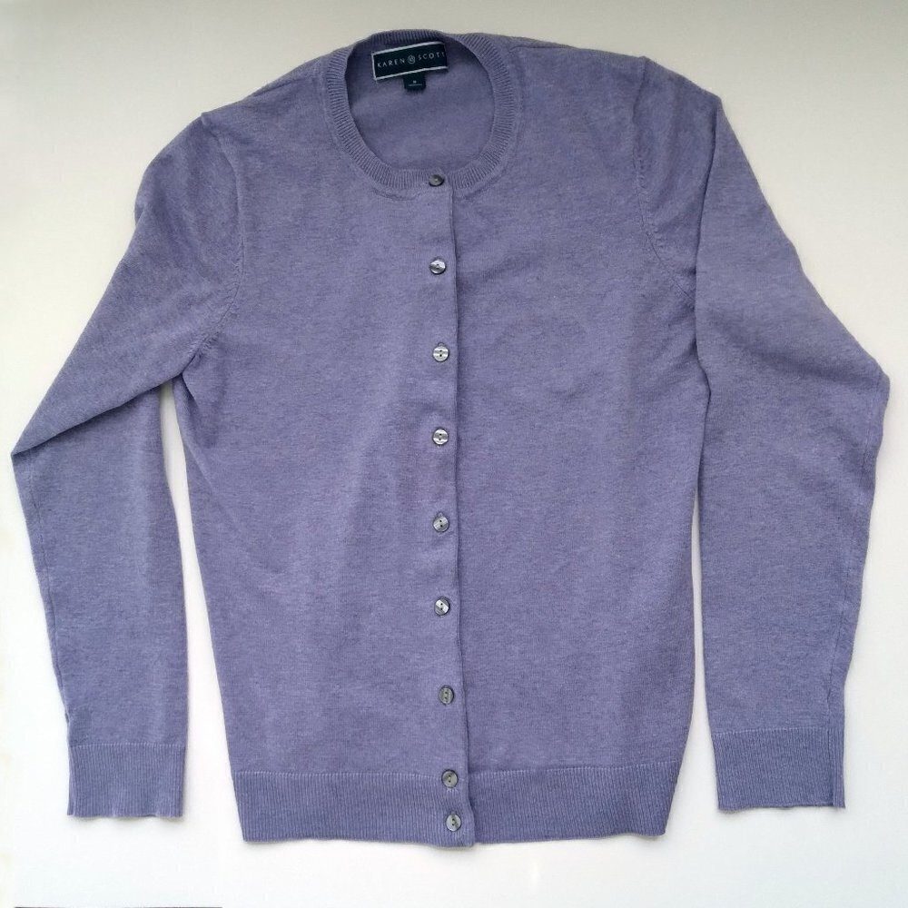 Lilac LS Crewneck Slate Glass Buttons Soft Knit Cotton Blend Cardigan Sz S